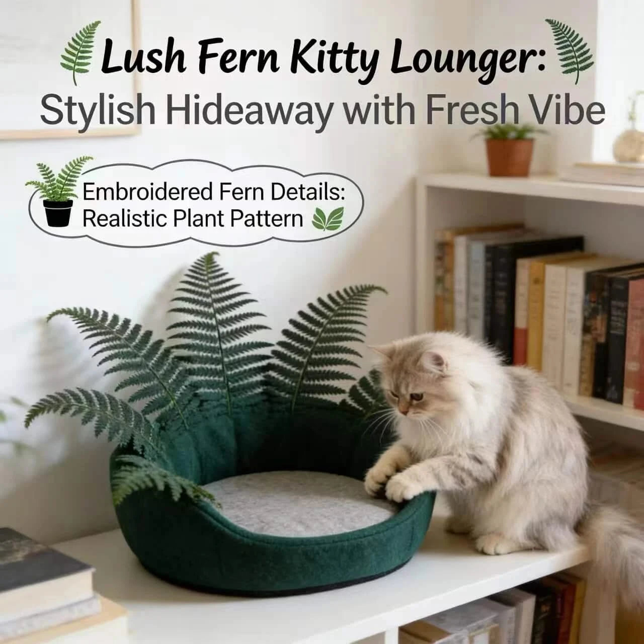 Cat Bed, Potted Fern Shape, Plush Material, Green/White, Botanical Cave Bowl, All-Season