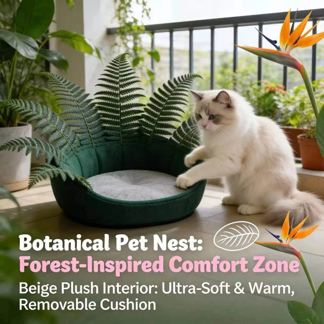 Cat Bed, Potted Fern Shape, Plush Material, Green/White, Botanical Cave Bowl, All-Season