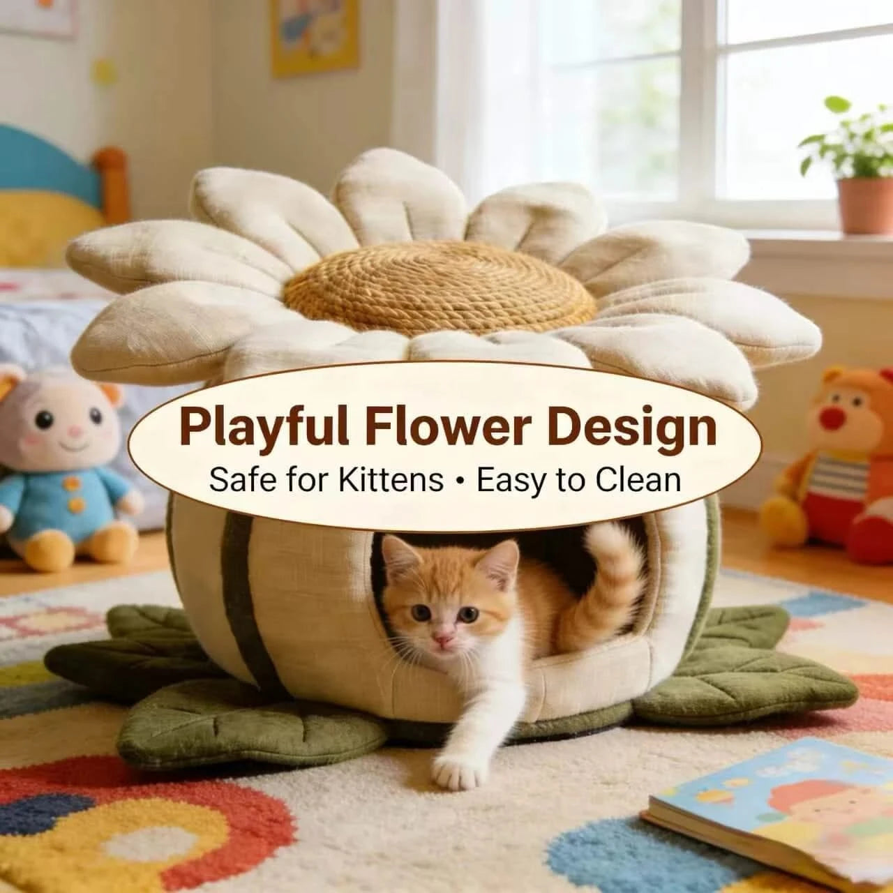  Privacy Pet Bed for Indoor Cats, Sunflower Shape, Non-Slip Base