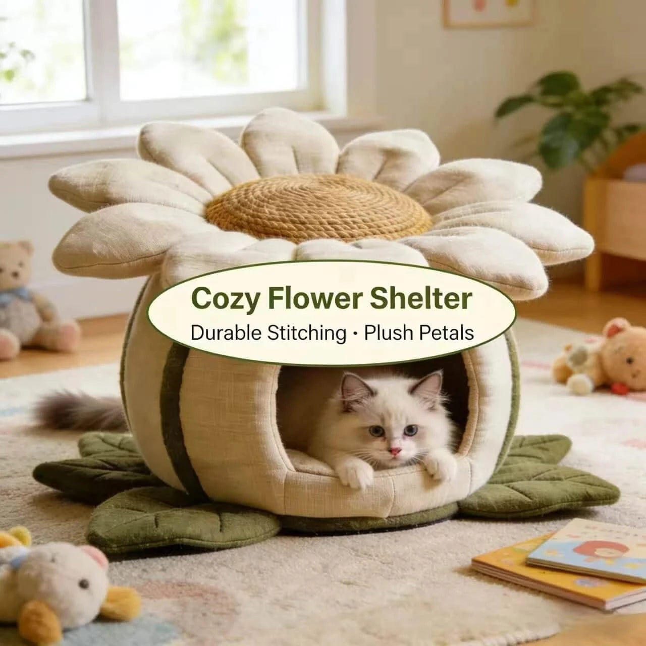  Privacy Pet Bed for Indoor Cats, Sunflower Shape, Non-Slip Base