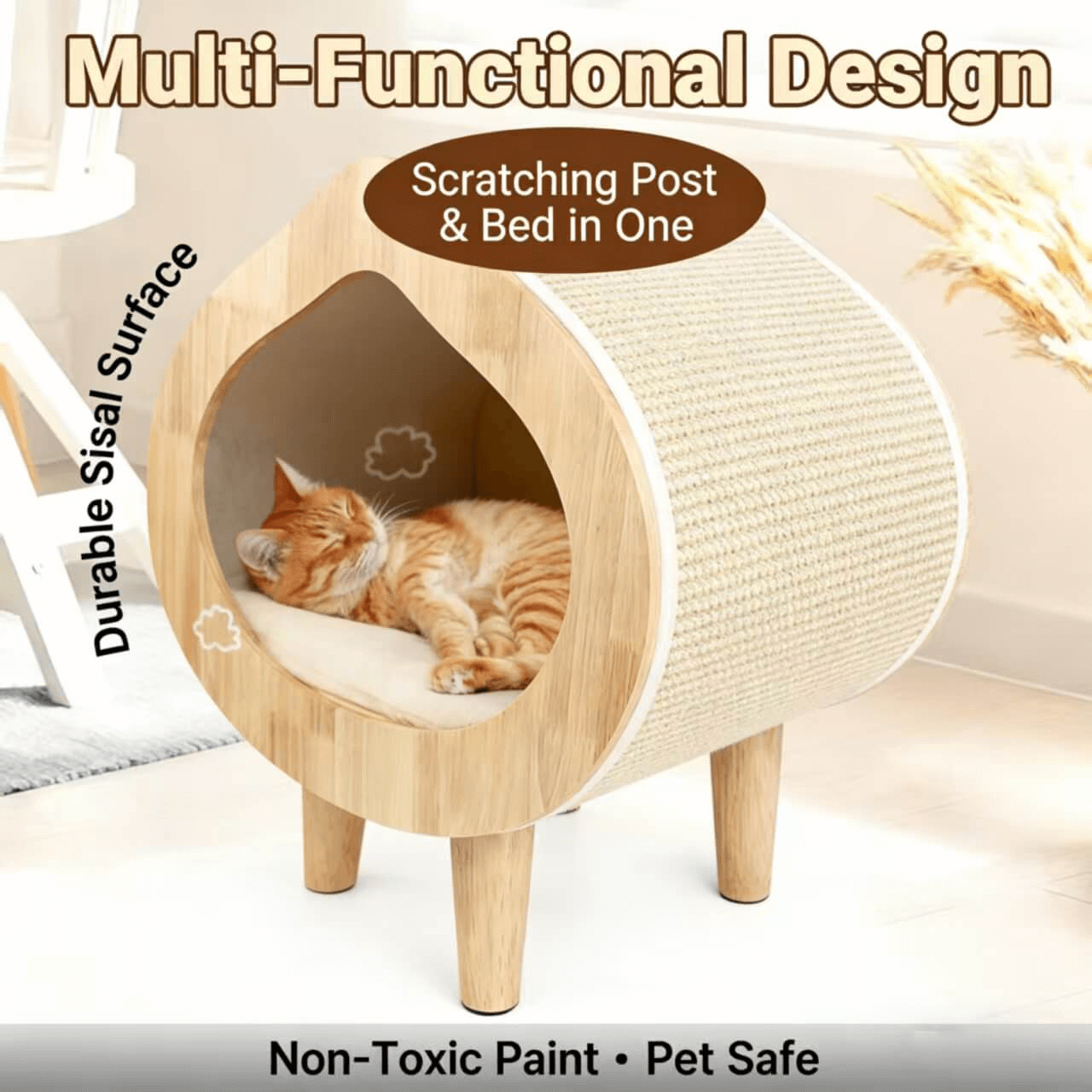 Dual-Use Cat Bed, Scratching Post Integrated, Sisal Surface, Non-Toxic, Natural Wood
