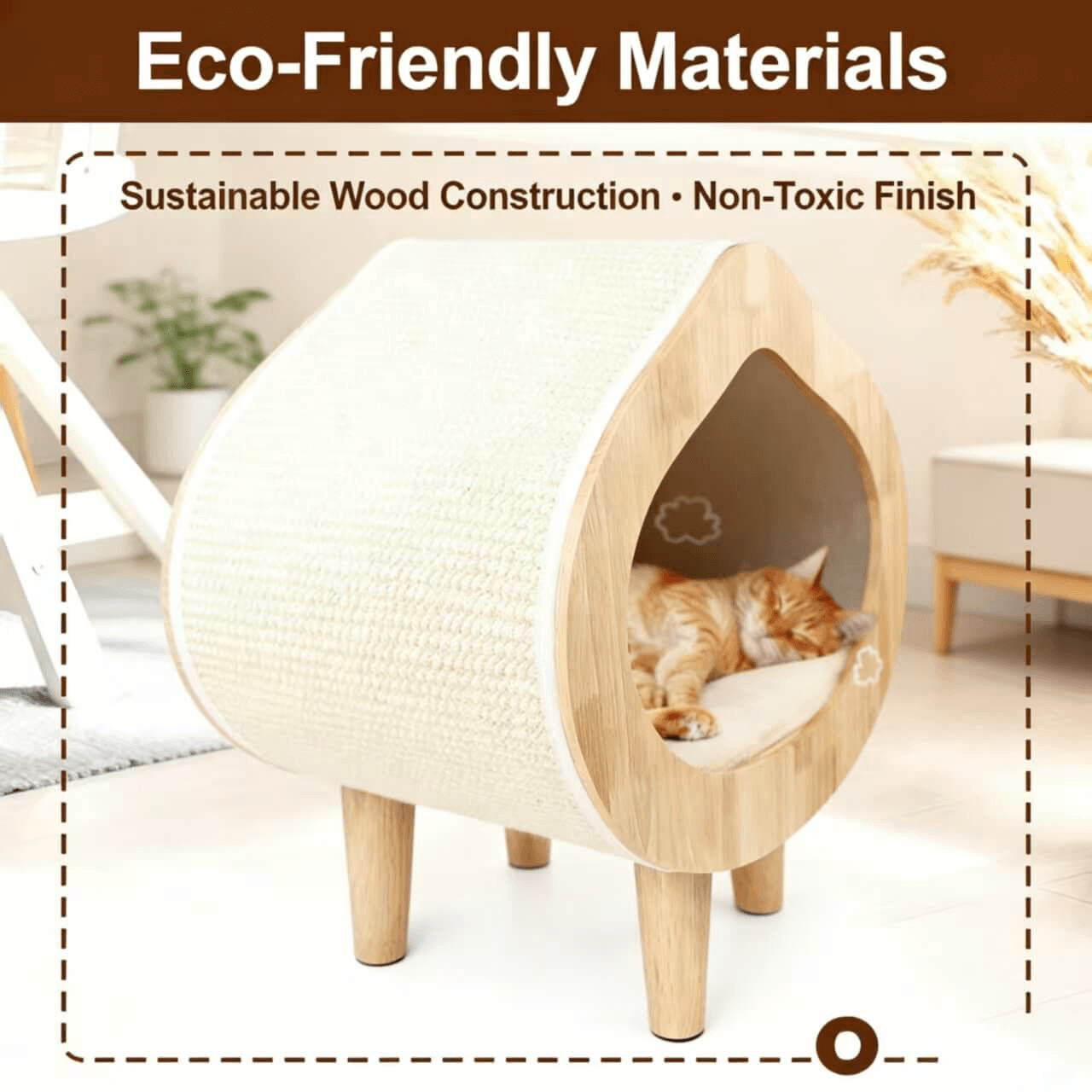 Dual-Use Cat Bed, Scratching Post Integrated, Sisal Surface, Non-Toxic, Natural Wood