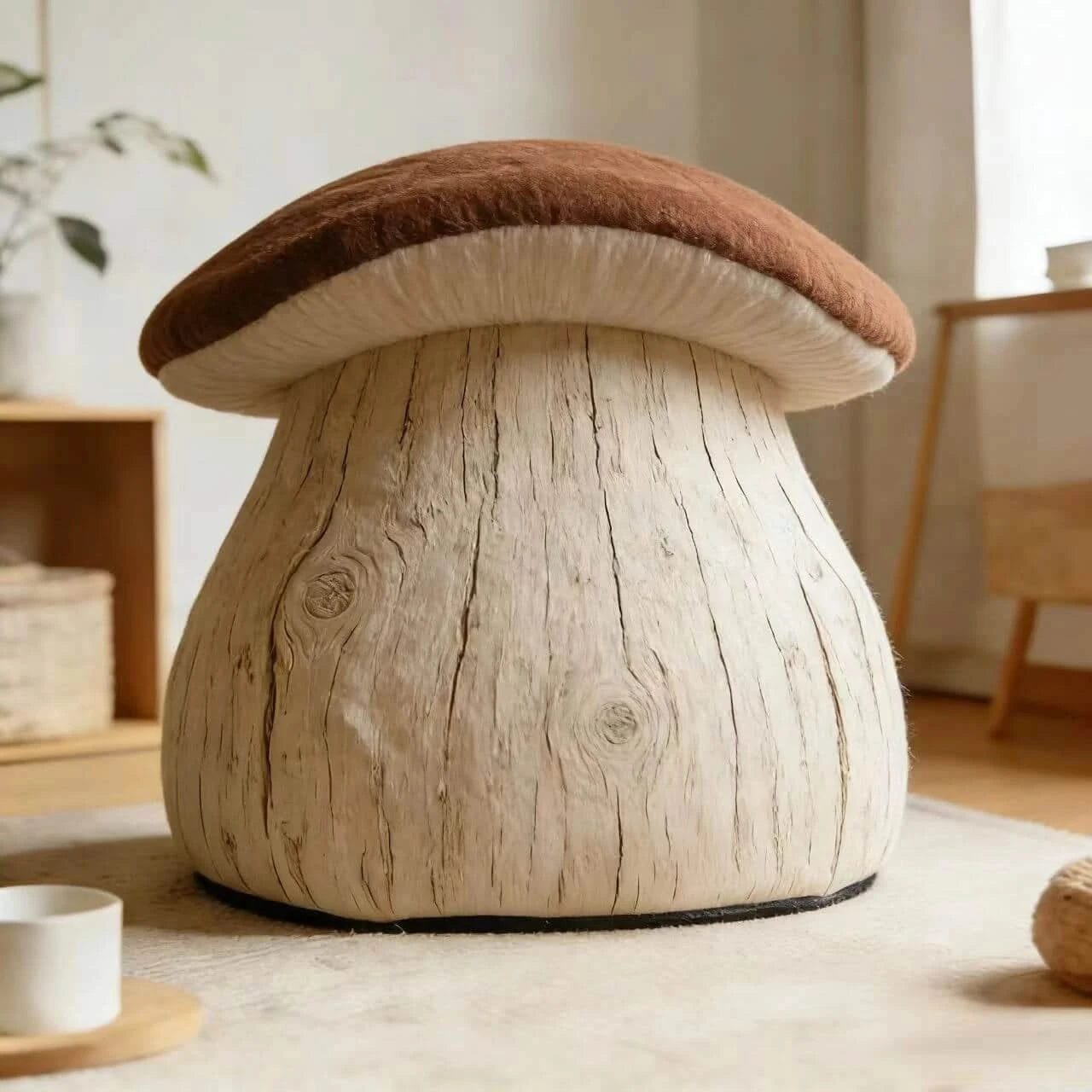 Cave-Style Cat Bed, Mushroom Design, Sturdy Frame, Warm Plush Lining, Indoor Use