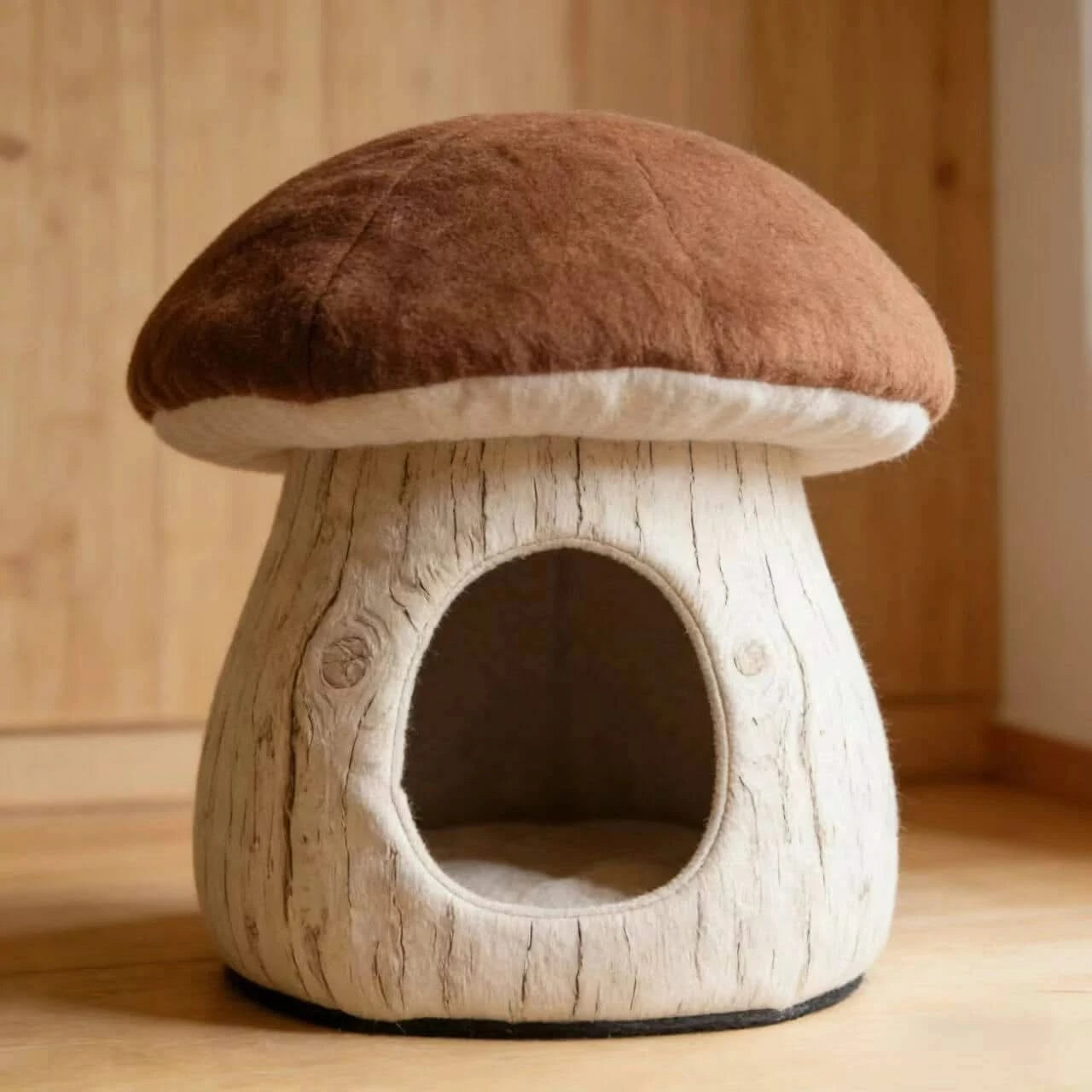 Cave-Style Cat Bed, Mushroom Design, Sturdy Frame, Warm Plush Lining, Indoor Use