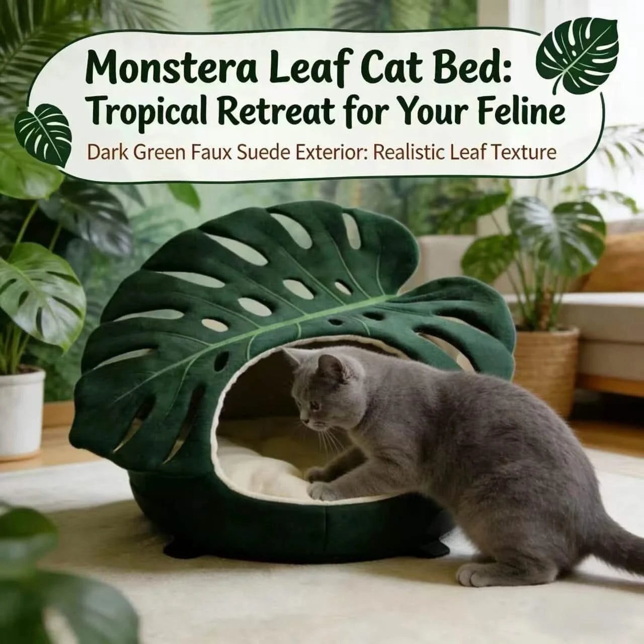 Cat Bed, Monstera Leaf Shape, Fuzzy Fabric, Green,  All-Season