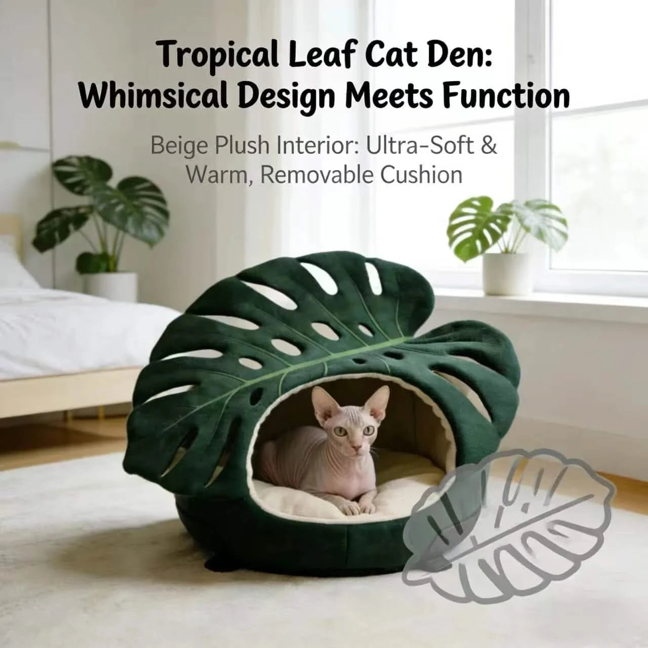 Cat Bed, Monstera Leaf Shape, Fuzzy Fabric, Green,  All-Season