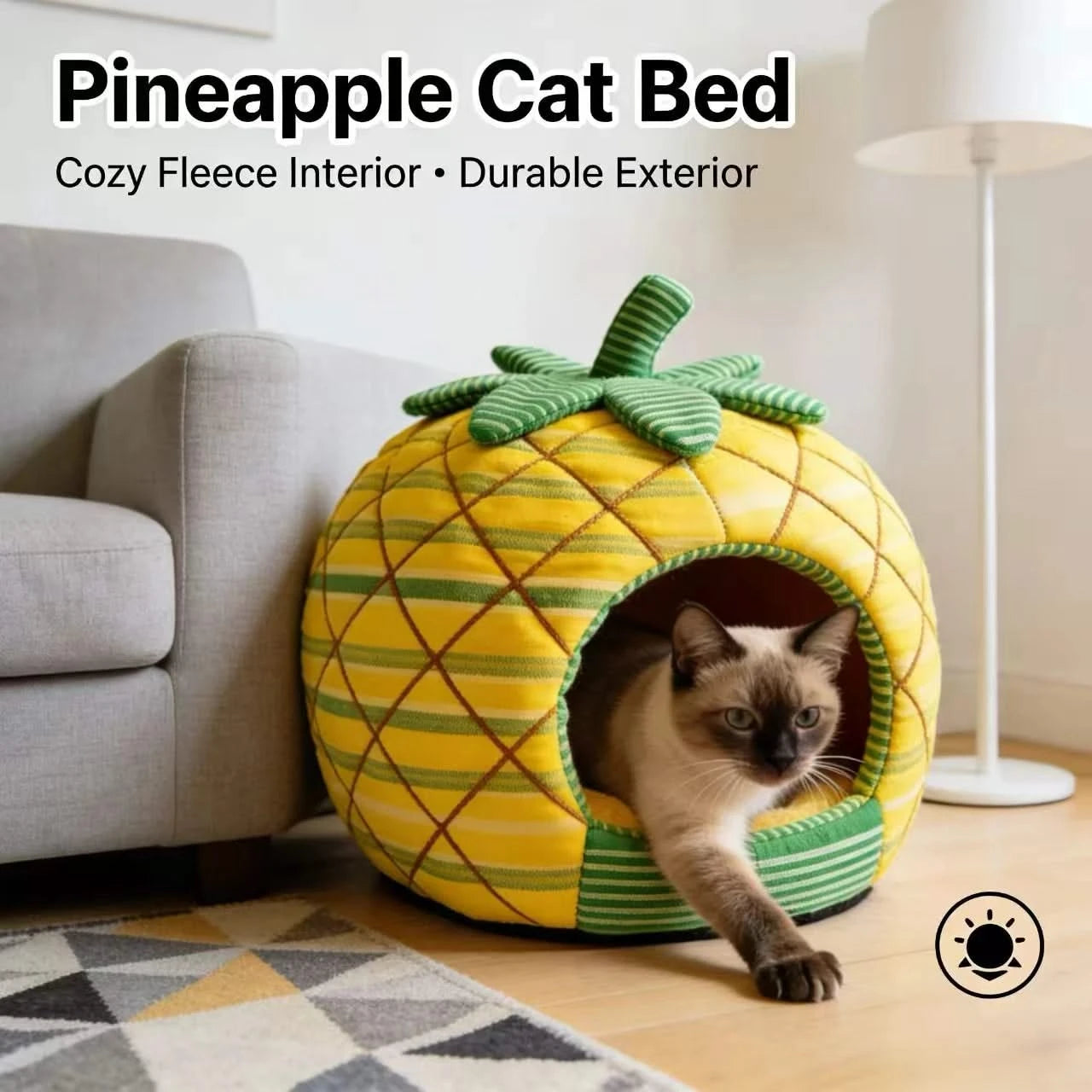 Tropical Cat Bed, Pineapple Fruit Design, Orthopedic Cushion, Yellow, Breathable Nest