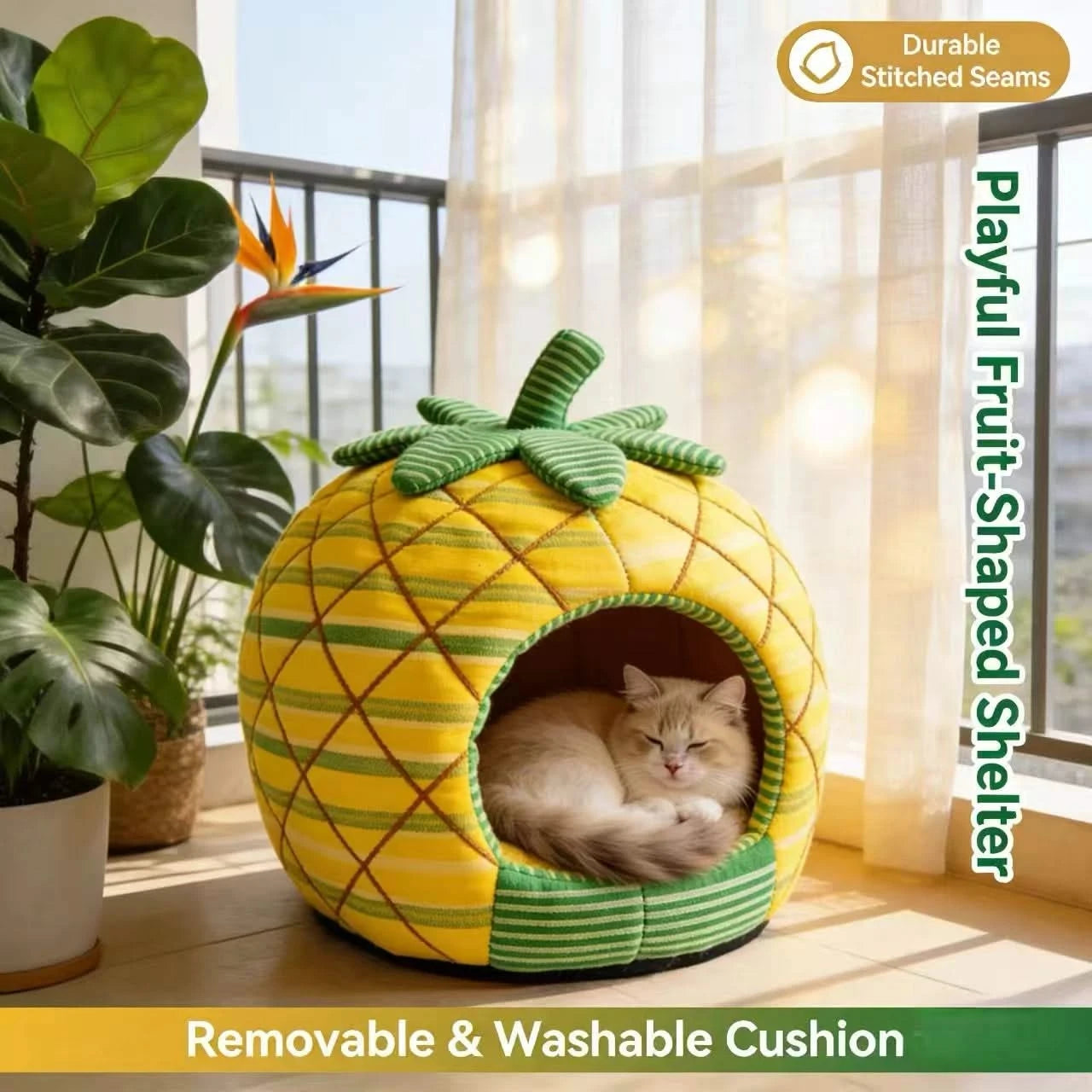 Tropical Cat Bed, Pineapple Fruit Design, Orthopedic Cushion, Yellow, Breathable Nest