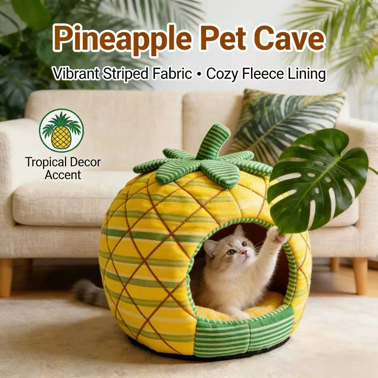 Tropical Cat Bed, Pineapple Fruit Design, Orthopedic Cushion, Yellow, Breathable Nest