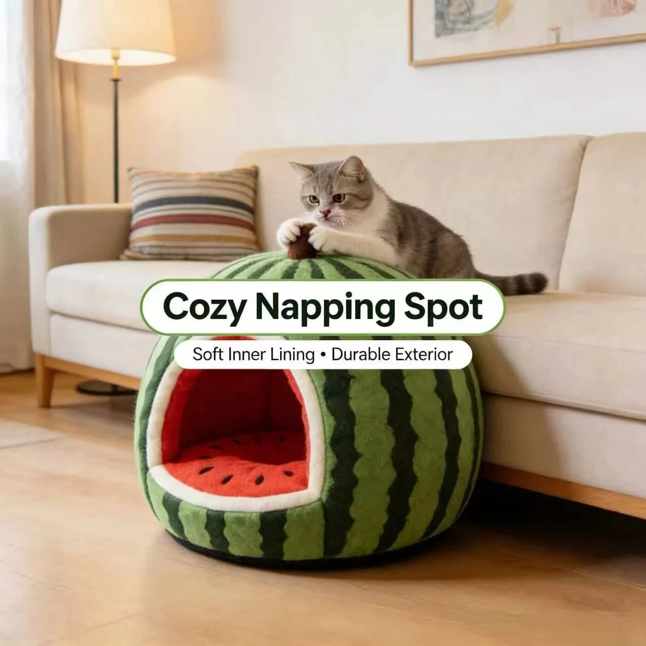 Refreshing Cat Bed, Full Watermelon Design, Soft Plush, Green, Cooling Nest Cave