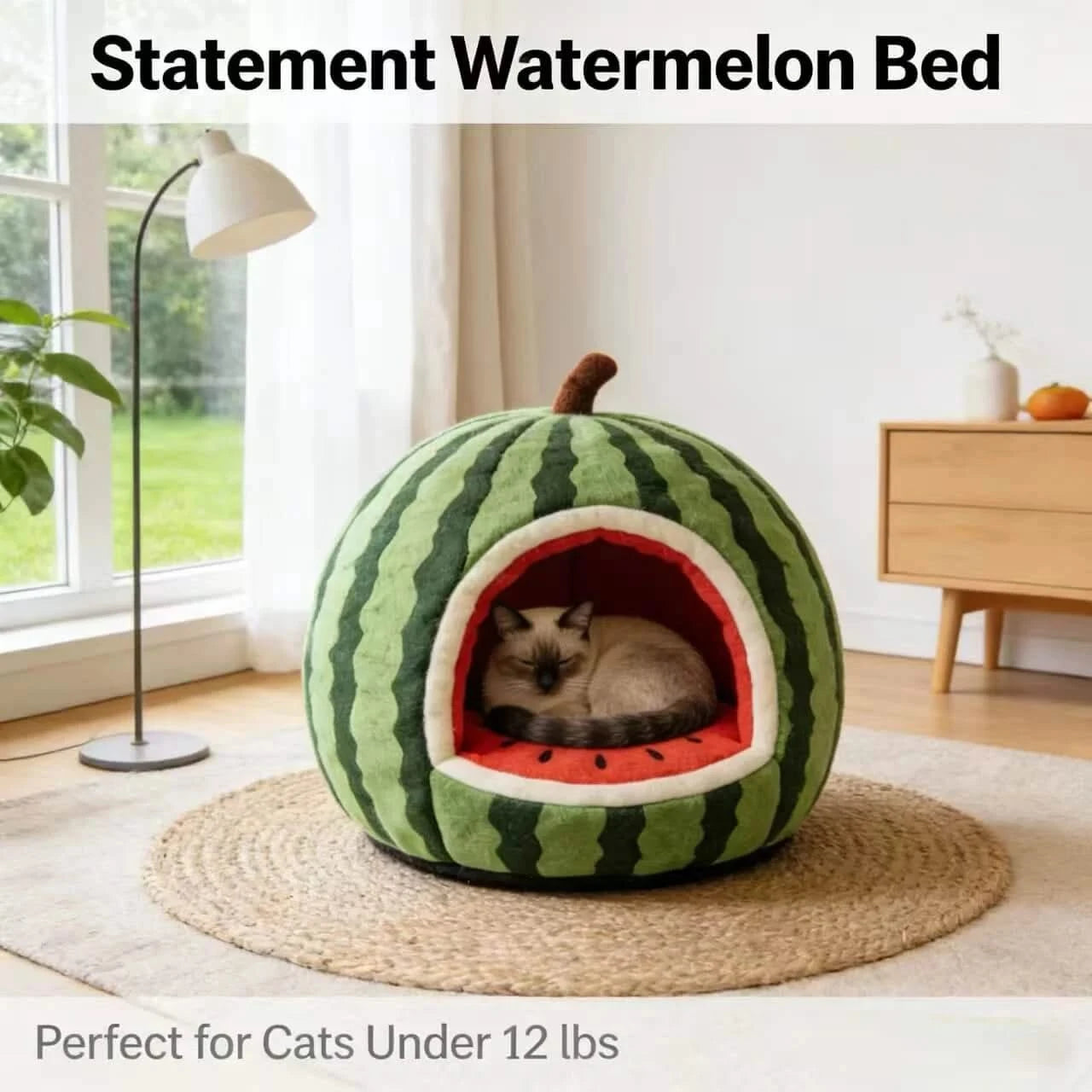 Refreshing Cat Bed, Full Watermelon Design, Soft Plush, Green, Cooling Nest Cave