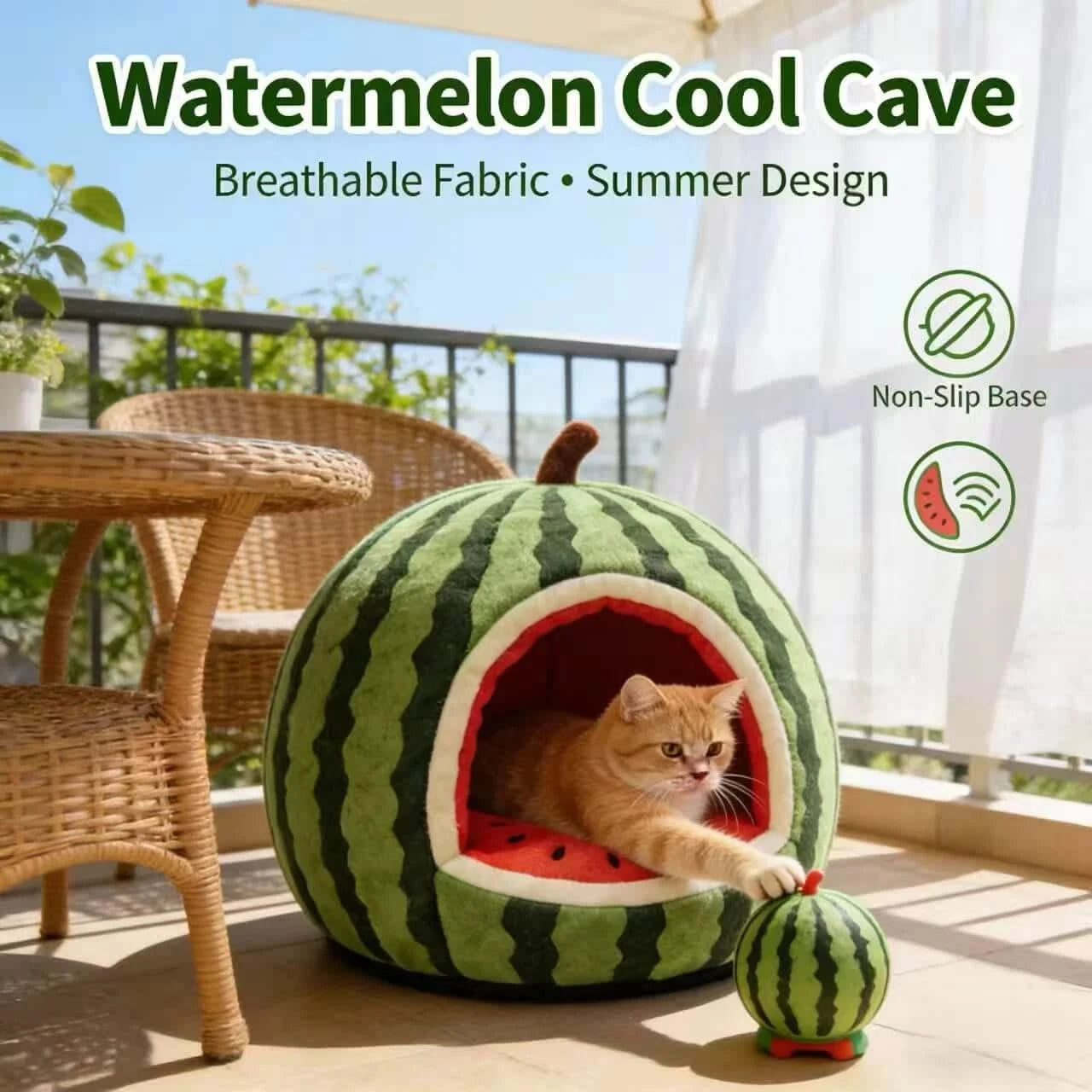 Refreshing Cat Bed, Full Watermelon Design, Soft Plush, Green, Cooling Nest Cave