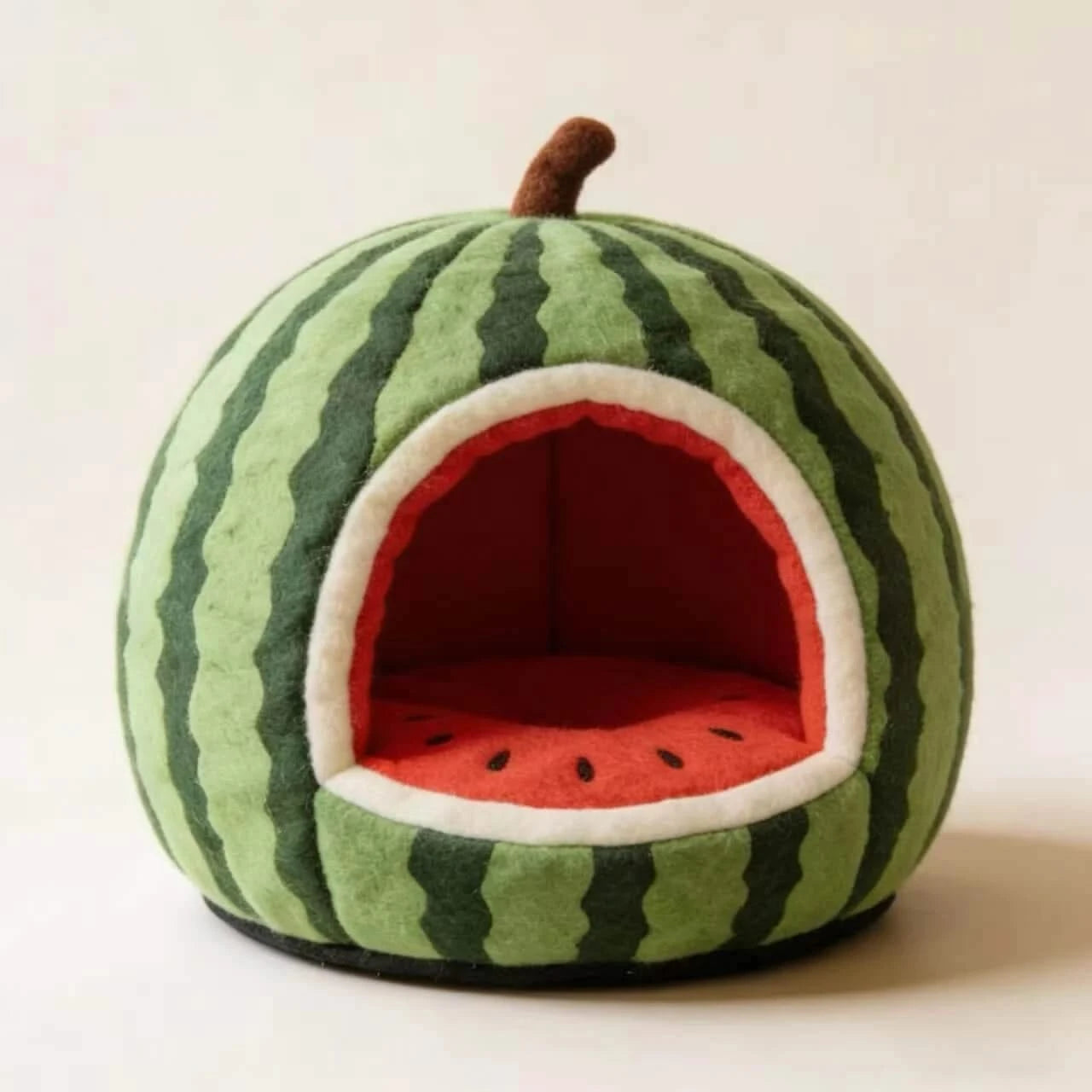 Refreshing Cat Bed, Full Watermelon Design, Soft Plush, Green, Cooling Nest Cave
