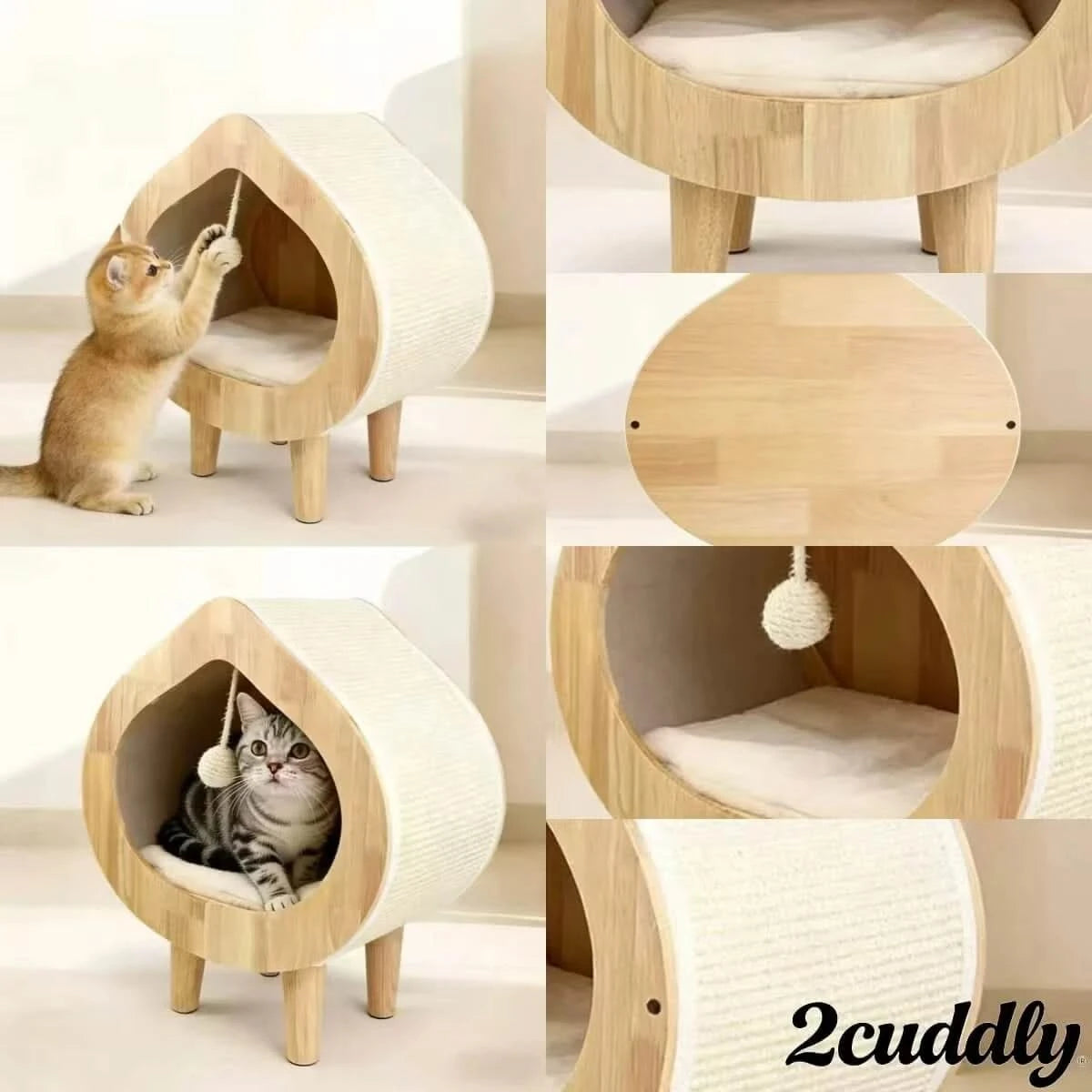 Dual-Use Cat Bed, Scratching Post Integrated, Sisal Surface, Non-Toxic, Natural Wood