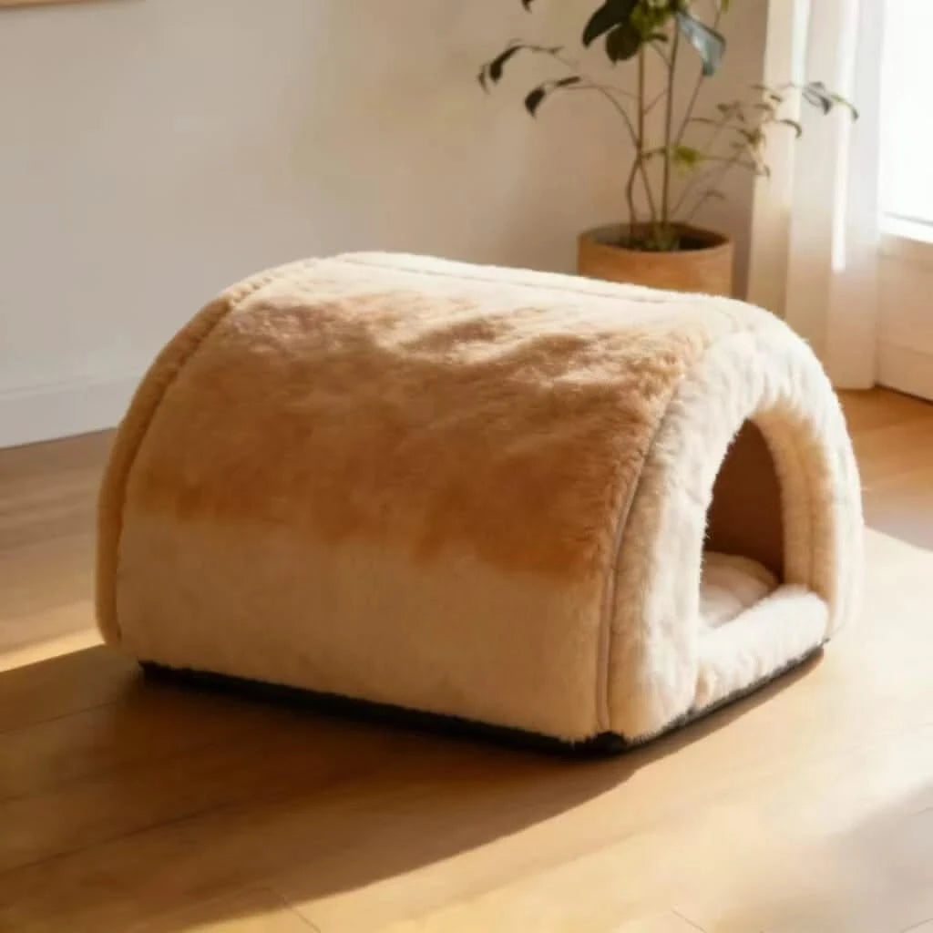 Royal Cat Bed,  Thick Plush, Beige, Feline Royalty Lounger, All-Season Comfort