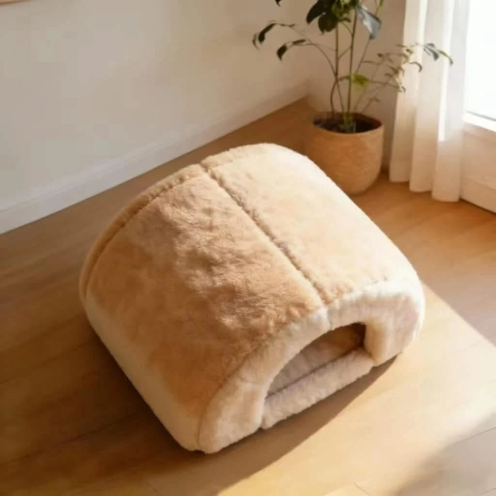 Royal Cat Bed,  Thick Plush, Beige, Feline Royalty Lounger, All-Season Comfort