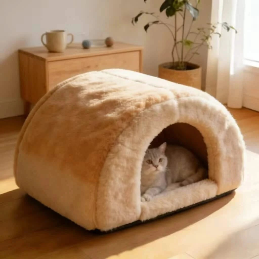 Royal Cat Bed,  Thick Plush, Beige, Feline Royalty Lounger, All-Season Comfort