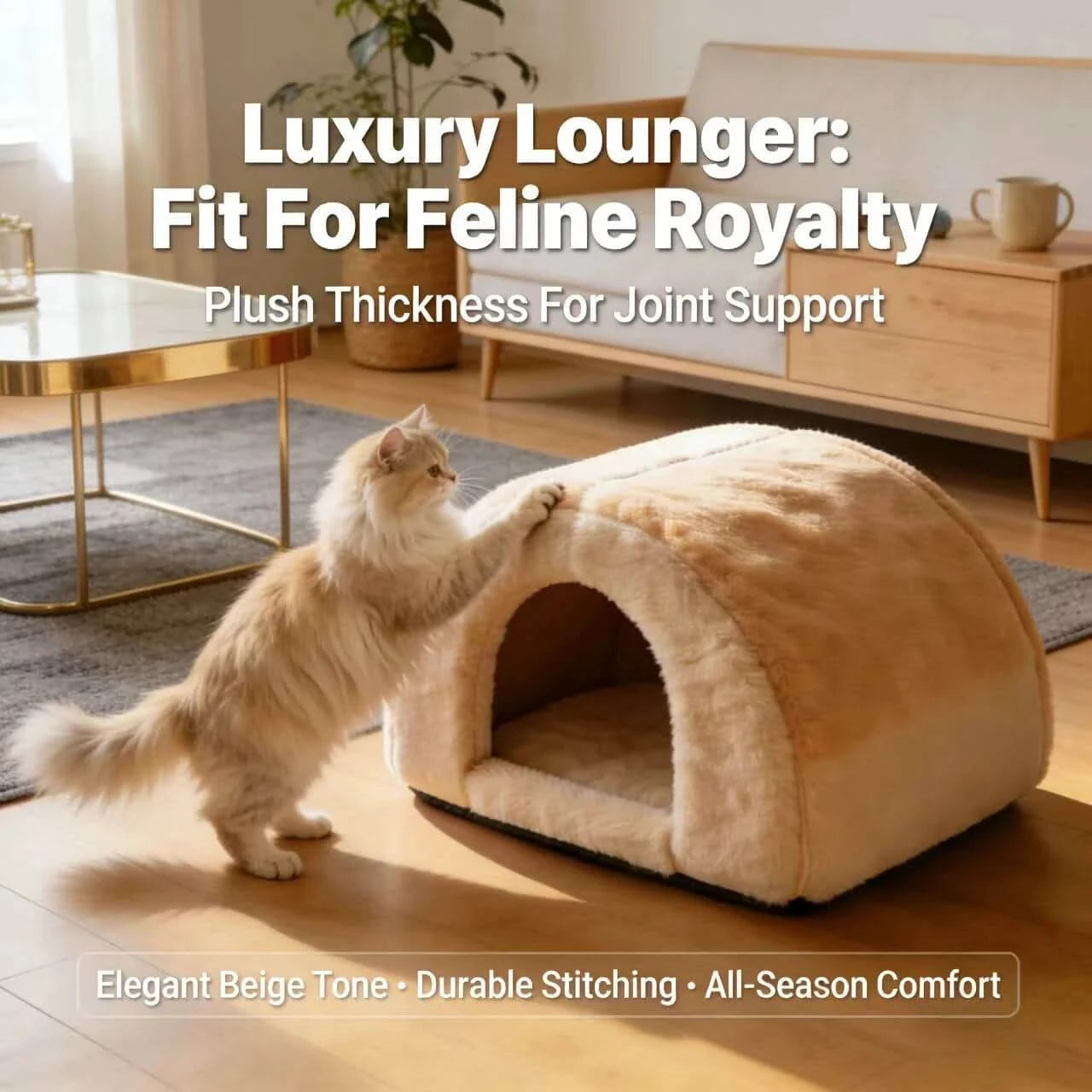 Royal Cat Bed,  Thick Plush, Beige, Feline Royalty Lounger, All-Season Comfort