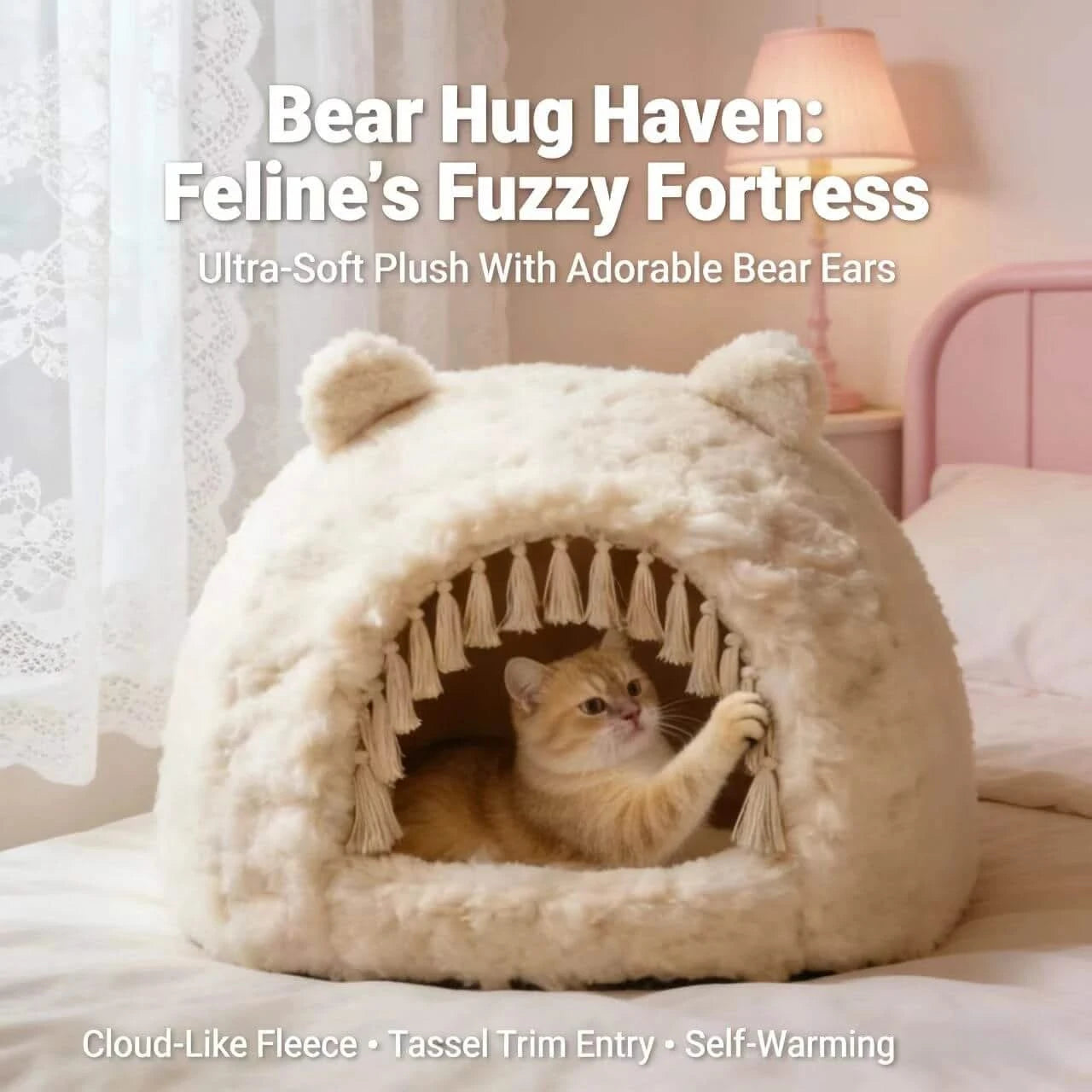 Cat Bed, Bear Hug Shape, Fluffy Material, Beige/White, Combo Toy & Cave, All-Season