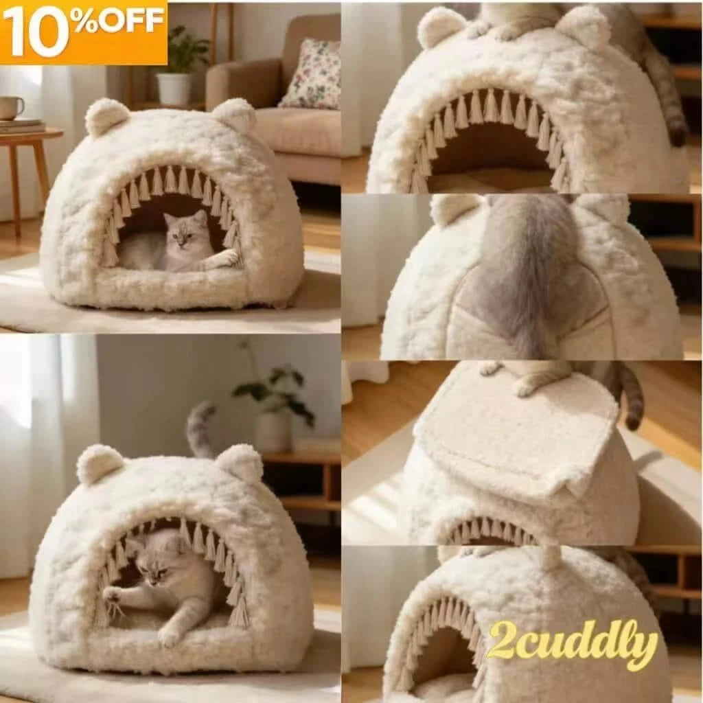 Cat Bed, Bear Hug Shape, Fluffy Material, Beige/White, Combo Toy & Cave, All-Season