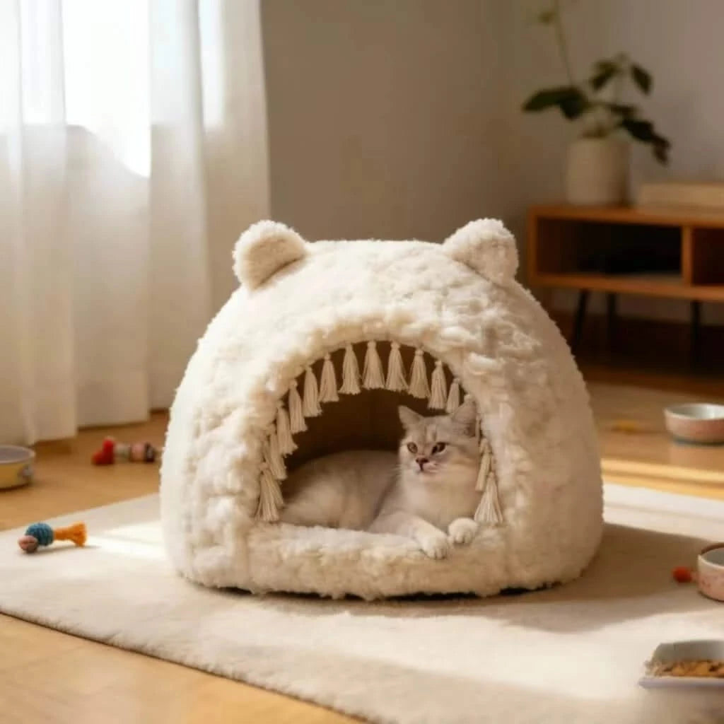 Cat Bed, Bear Hug Shape, Fluffy Material, Beige/White, Combo Toy & Cave, All-Season