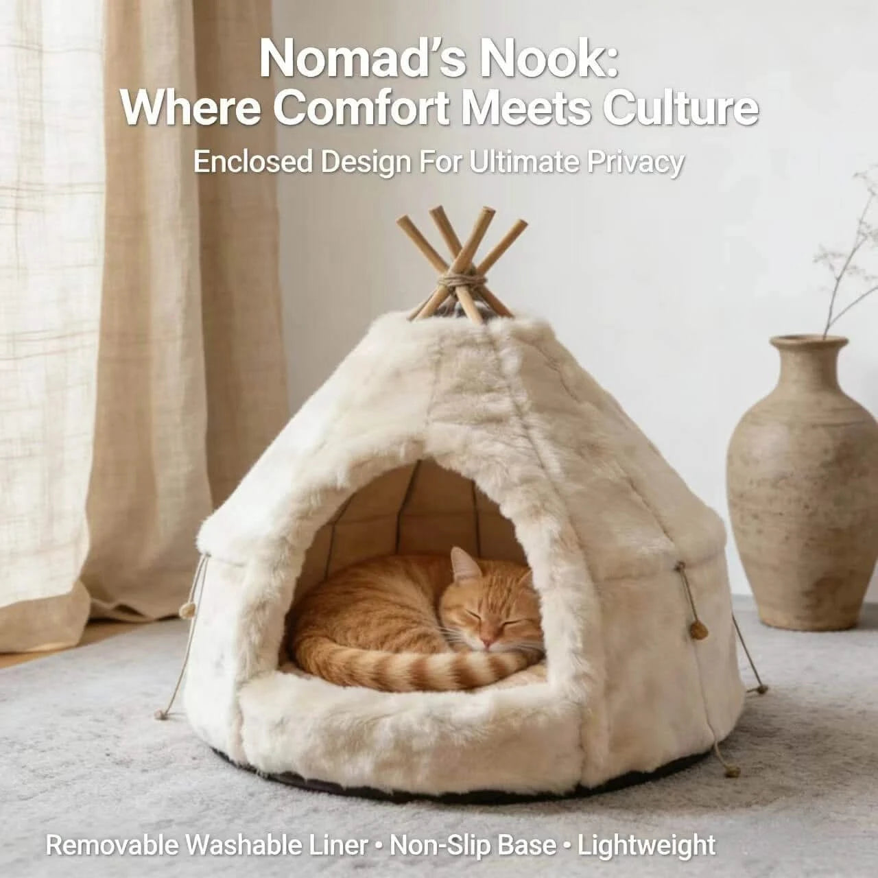 Bohemian Pet Bed for Cats, Tipi Tent Shape, Plush Fabric, White/Cream, Boho-Chic Cave