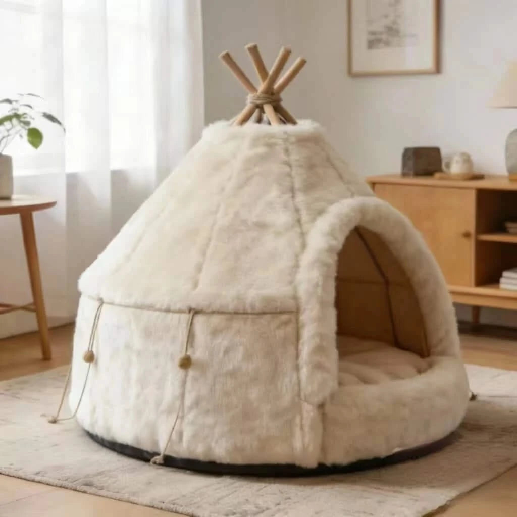 Bohemian Pet Bed for Cats, Tipi Tent Shape, Plush Fabric, White/Cream, Boho-Chic Cave