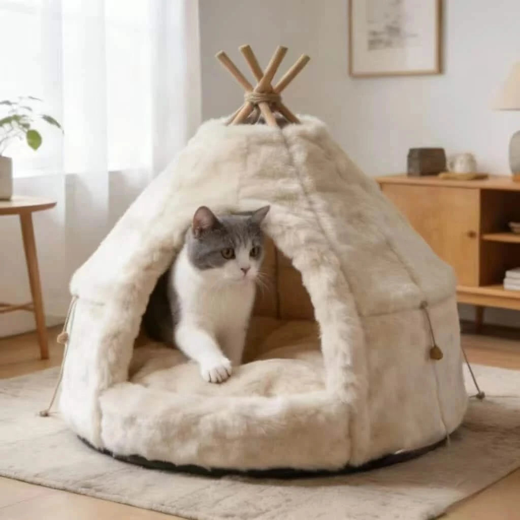 Bohemian Pet Bed for Cats, Tipi Tent Shape, Plush Fabric, White/Cream, Boho-Chic Cave
