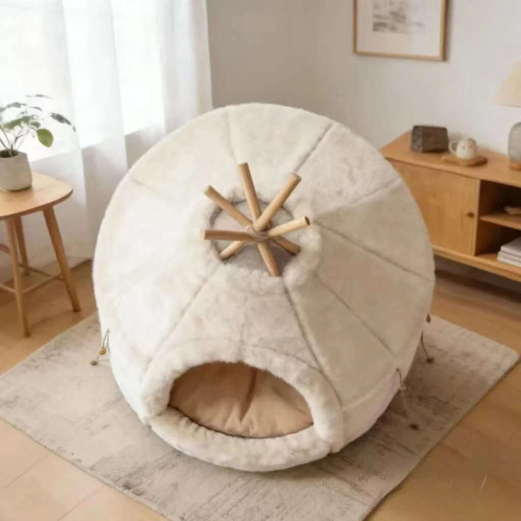 Bohemian Pet Bed for Cats, Tipi Tent Shape, Plush Fabric, White/Cream, Boho-Chic Cave