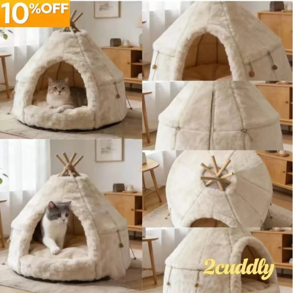 Bohemian Pet Bed for Cats, Tipi Tent Shape, Plush Fabric, White/Cream, Boho-Chic Cave