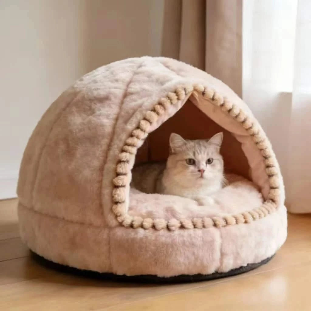 Modern Cat Bed, Dome Tent Design, Soft Plush, Beige, Calming Nest, All-Season Comfort