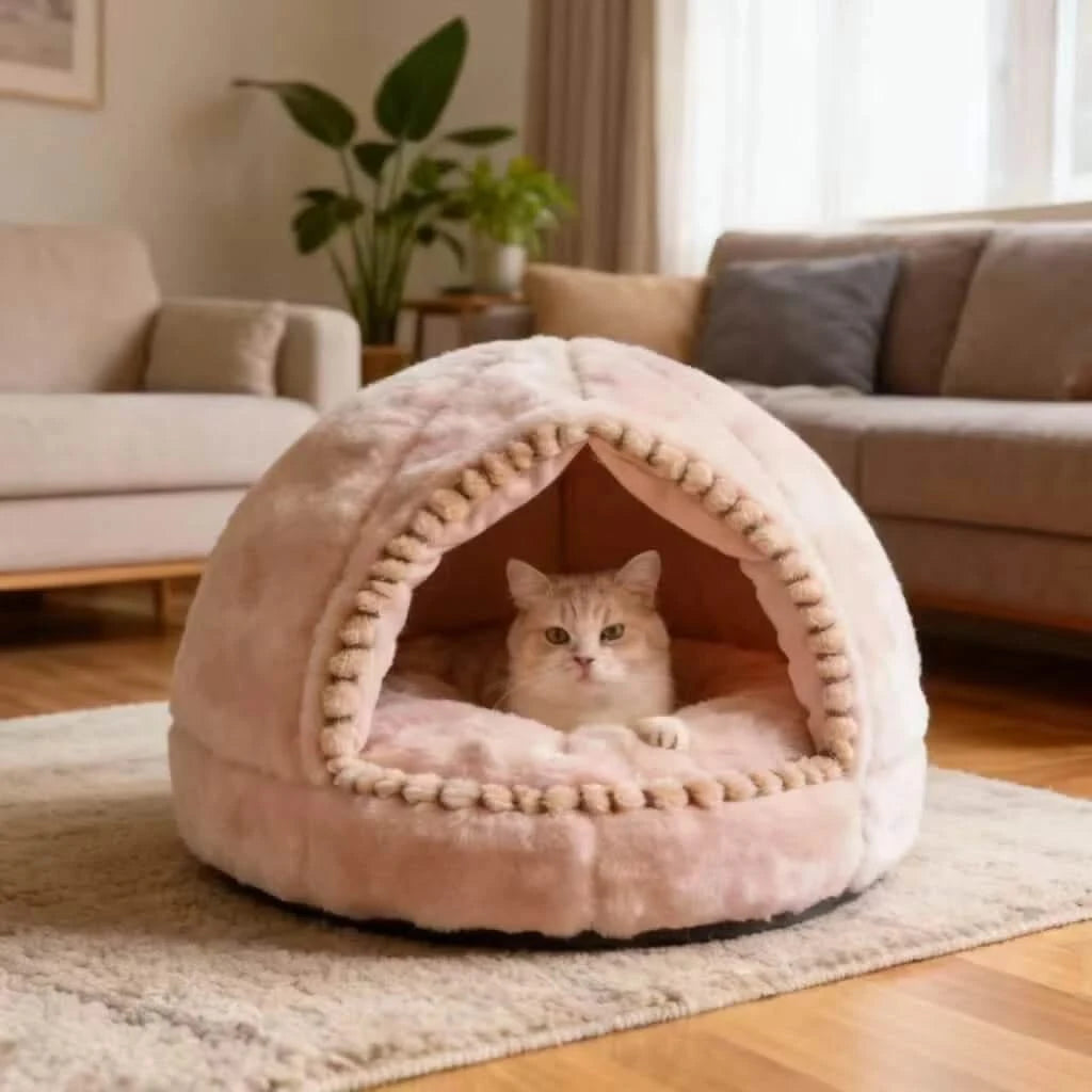 Modern Cat Bed, Dome Tent Design, Soft Plush, Beige, Calming Nest, All-Season Comfort