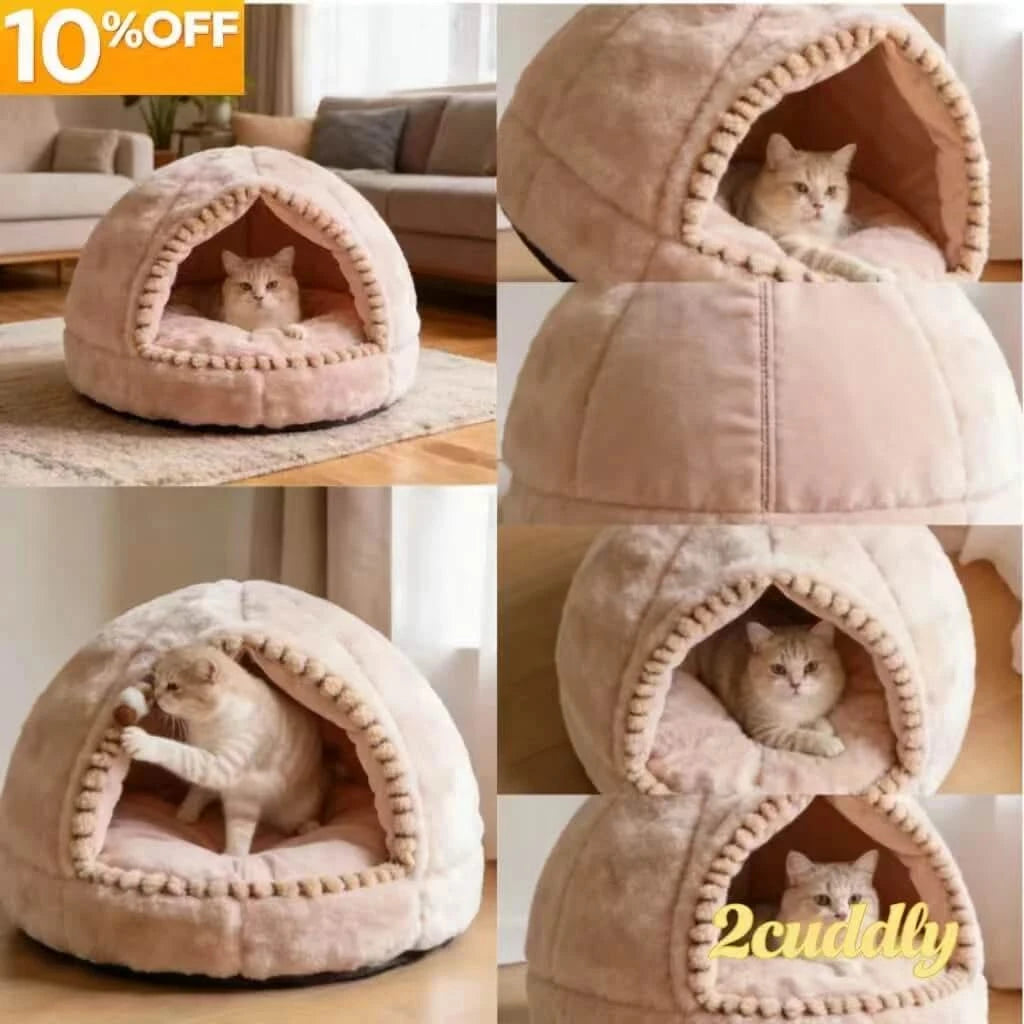 Modern Cat Bed, Dome Tent Design, Soft Plush, Beige, Calming Nest, All-Season Comfort