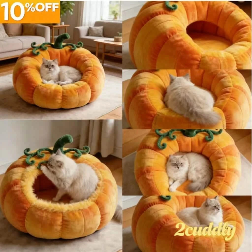 Cat Bed, Pumpkin Shape, Fluffy Material, Orange/Green, Harvest-Themed Cave