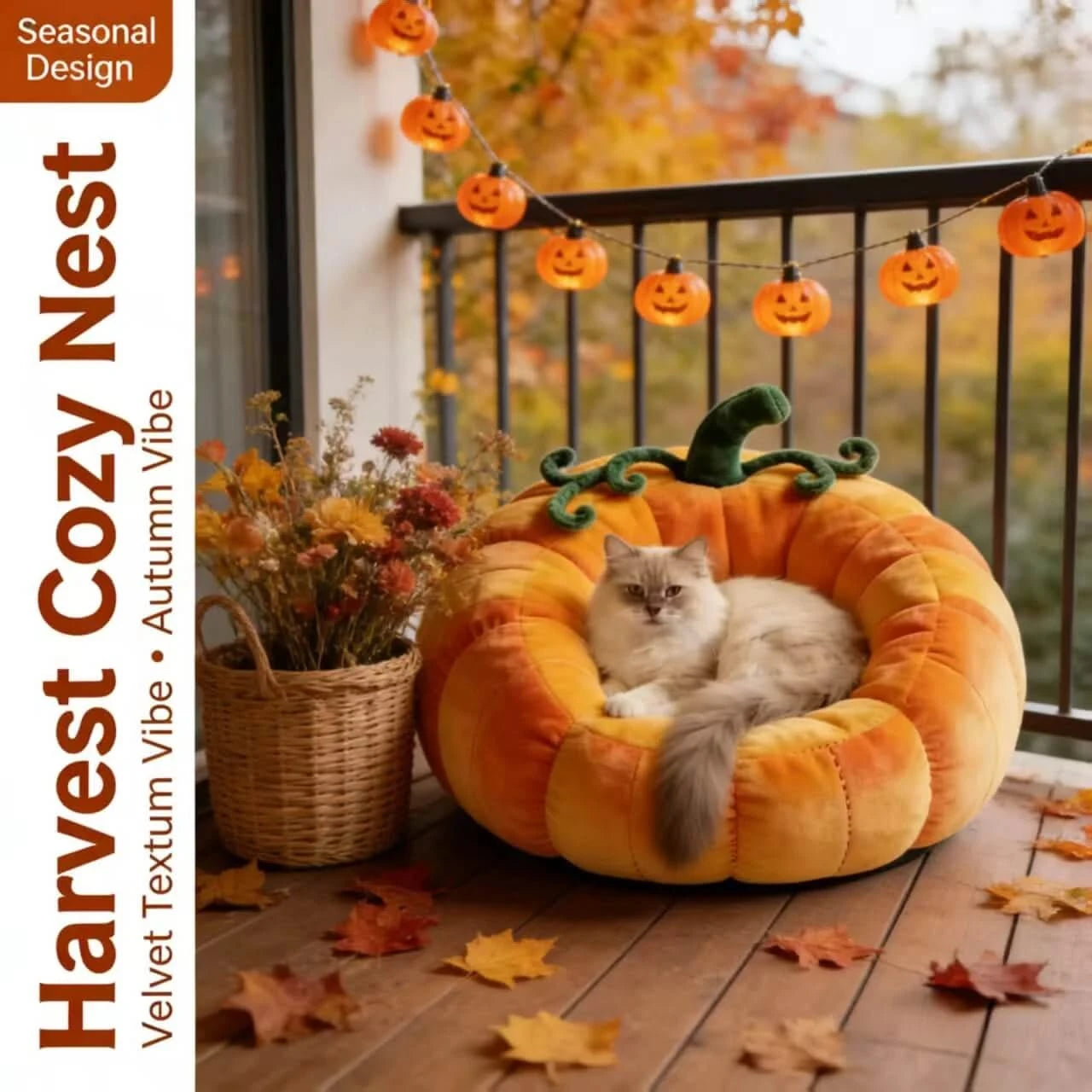 Cat Bed, Pumpkin Shape, Fluffy Material, Orange/Green, Harvest-Themed Cave