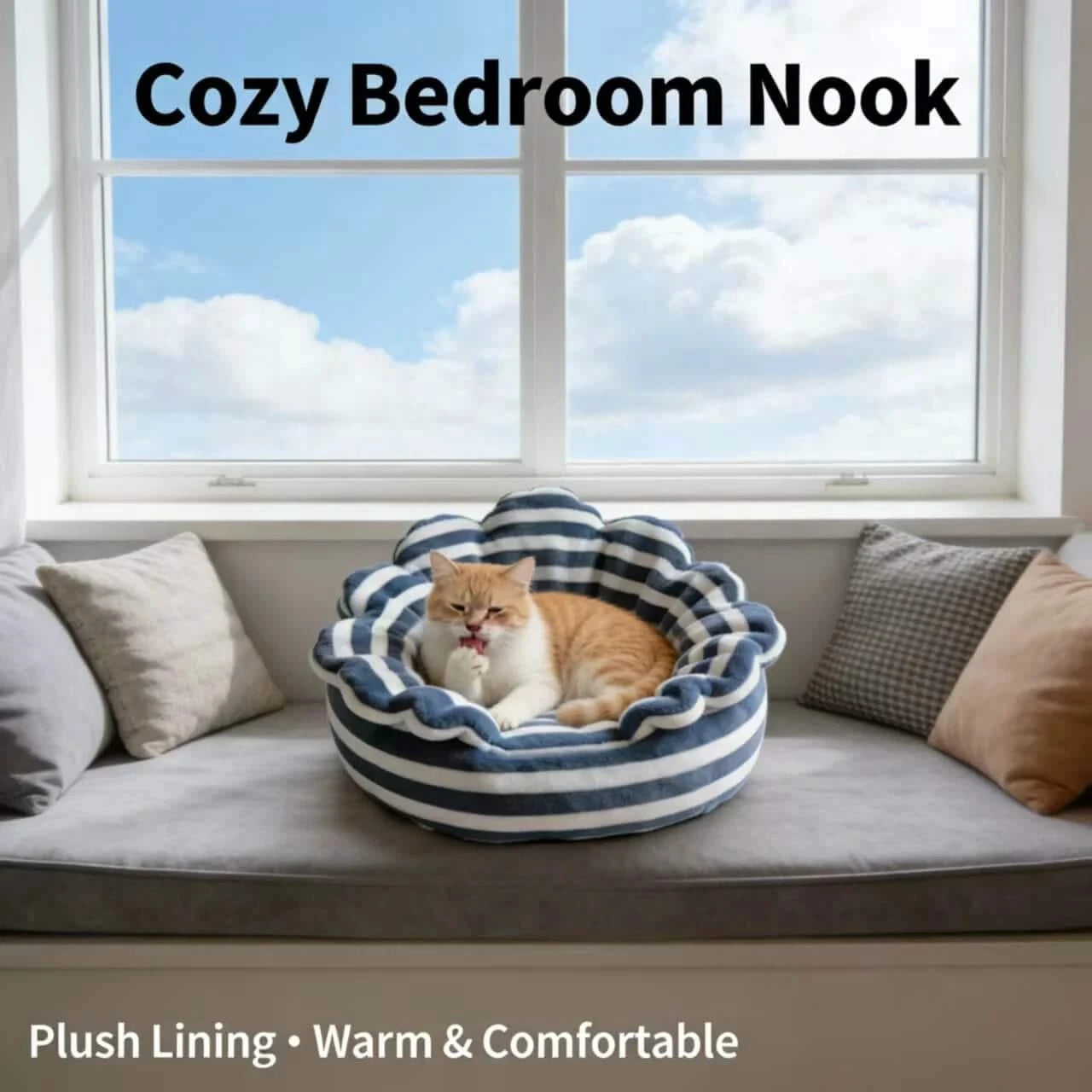  Novelty Pet Bed for Cats,  Plush Fabric, Blue/White, Quirky Nest, All-Season