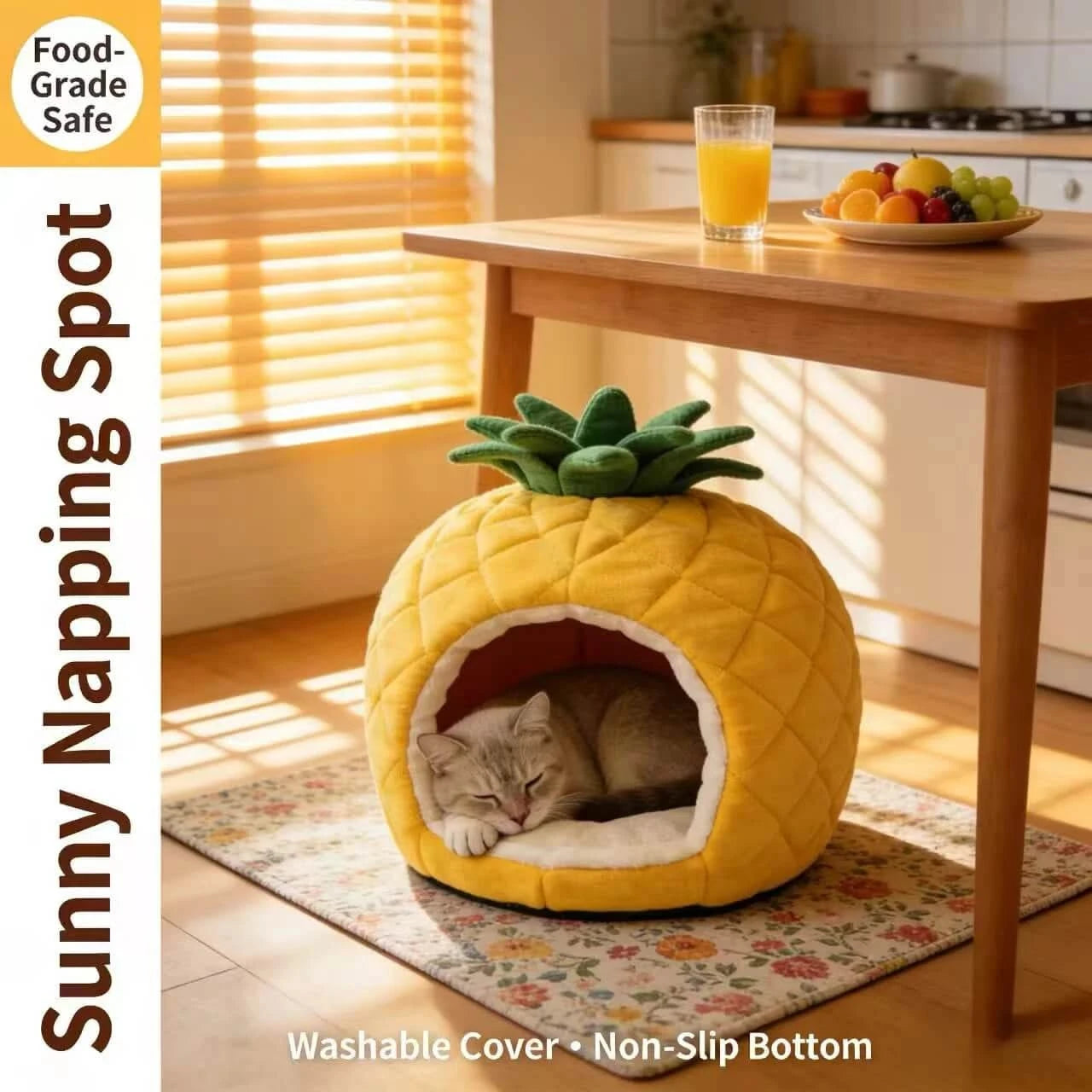 Cute Pet Bed for Cats, Pineapple Shape, Plush Fabric, Yellow/Green, Enclosed Cave
