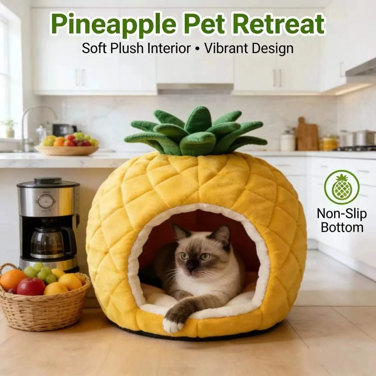 Cute Pet Bed for Cats, Pineapple Shape, Plush Fabric, Yellow/Green, Enclosed Cave