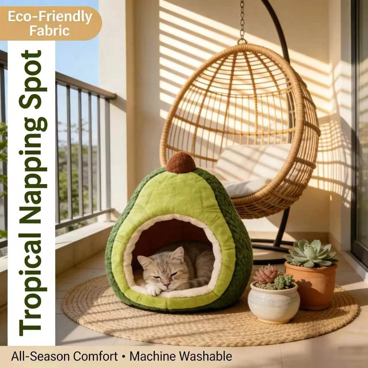 Cute Pet Bed for Cats, Avocado Shape, Plush Fabric, Green/Brown, Enclosed Cave