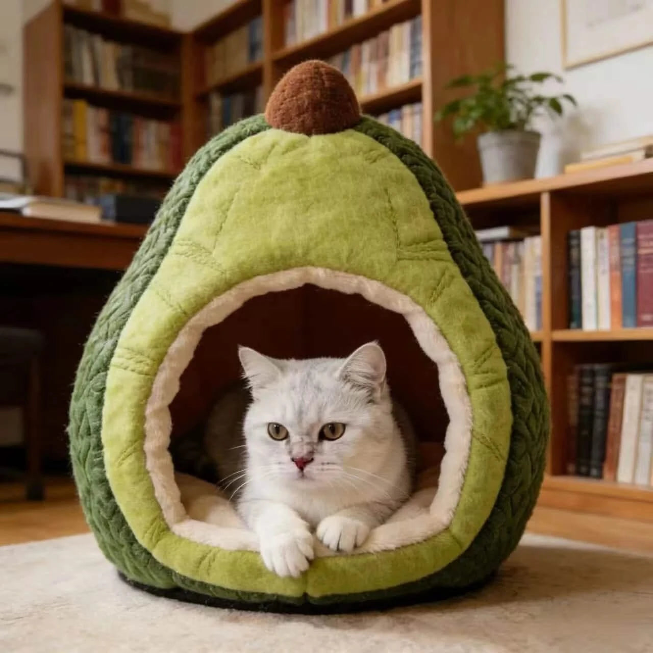 Cute Pet Bed for Cats, Avocado Shape, Plush Fabric, Green/Brown, Enclosed Cave