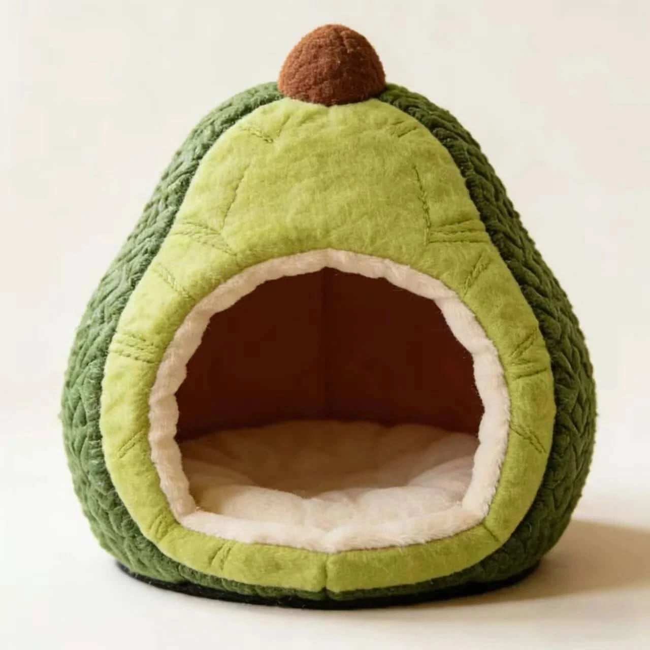 Cute Pet Bed for Cats, Avocado Shape, Plush Fabric, Green/Brown, Enclosed Cave