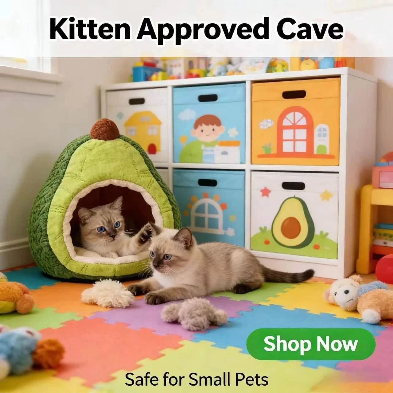 Cute Pet Bed for Cats, Avocado Shape, Plush Fabric, Green/Brown, Enclosed Cave