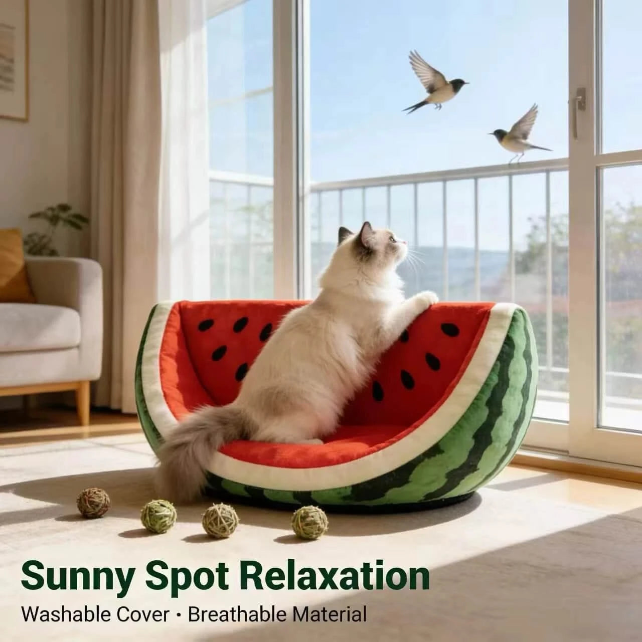 Pet Bed, Watermelon Slice Shape, Fluffy Material, Red/Green, Fruit-Themed Bowl