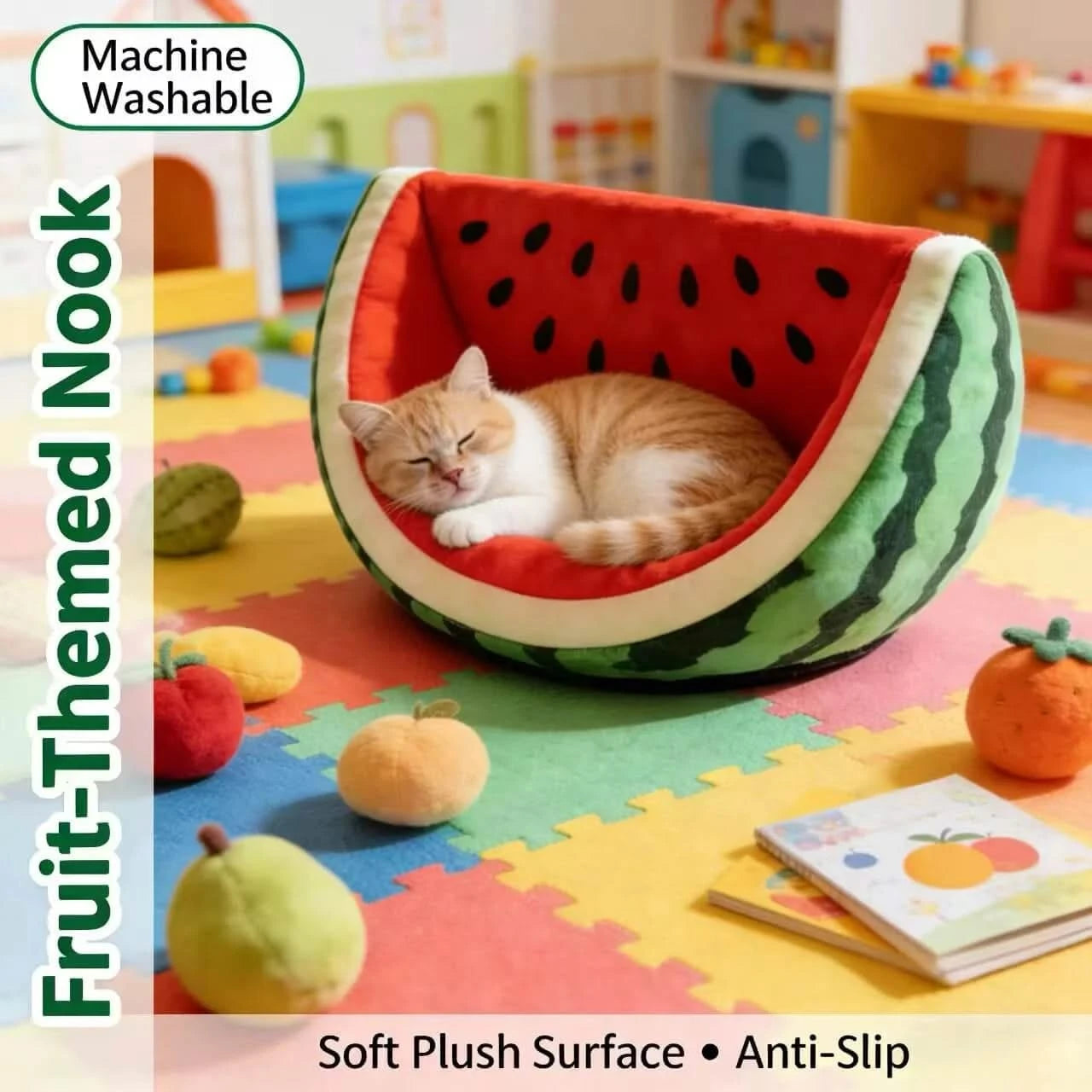 Pet Bed, Watermelon Slice Shape, Fluffy Material, Red/Green, Fruit-Themed Bowl