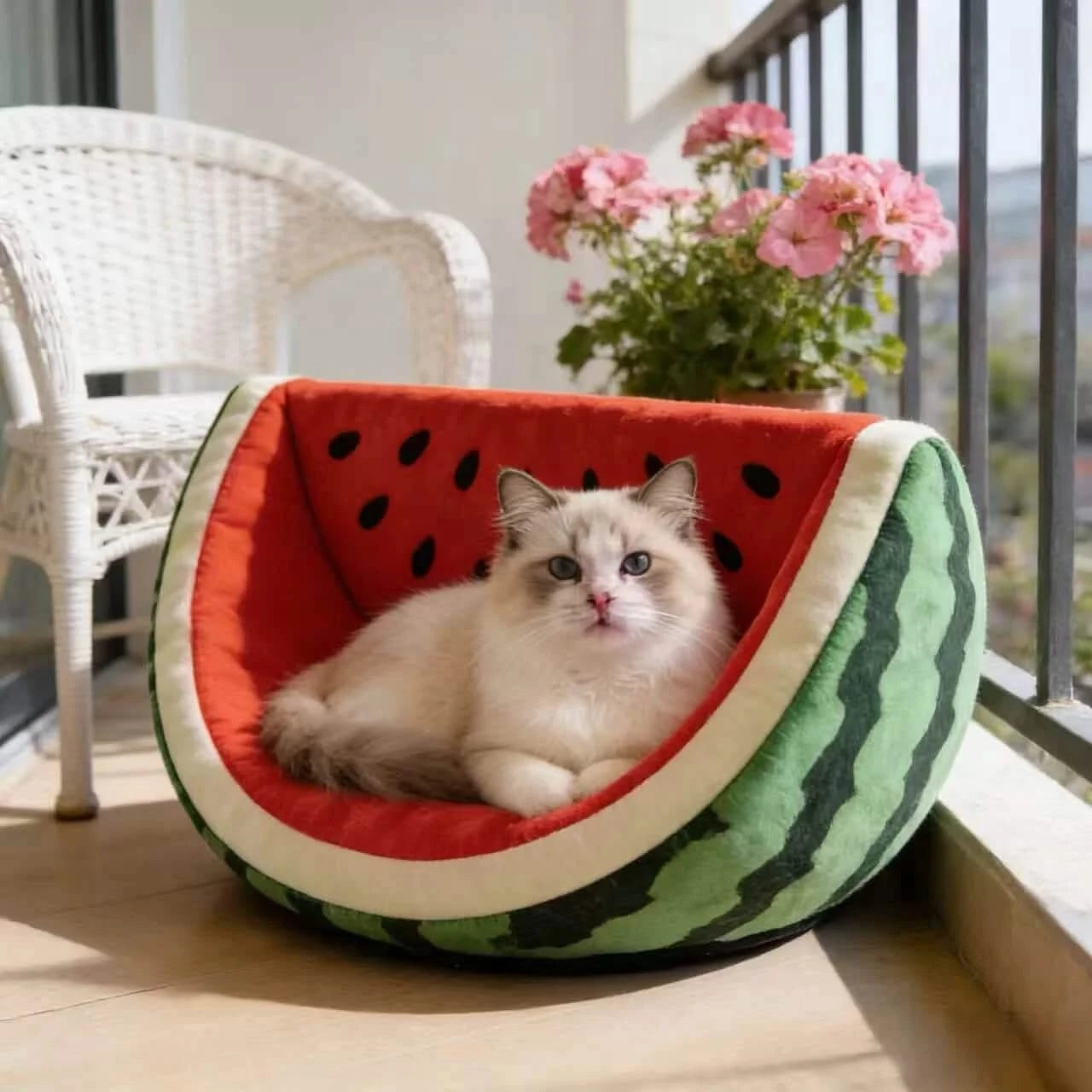 Pet Bed, Watermelon Slice Shape, Fluffy Material, Red/Green, Fruit-Themed Bowl