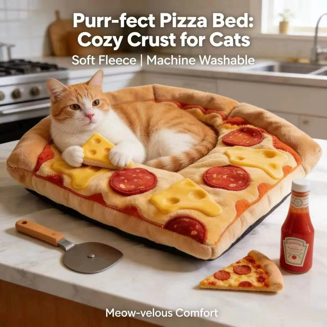 Novelty Pet Bed for Cats/Dogs, Pizza Slice Shape, Plush Fabric,  Food-Themed Nest