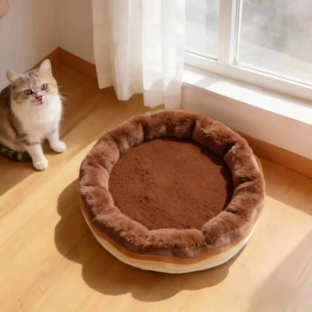 Soft Pet Bed for Dogs, Donut Round Shape, Plush Fabric, Brown/White, Calming Nest