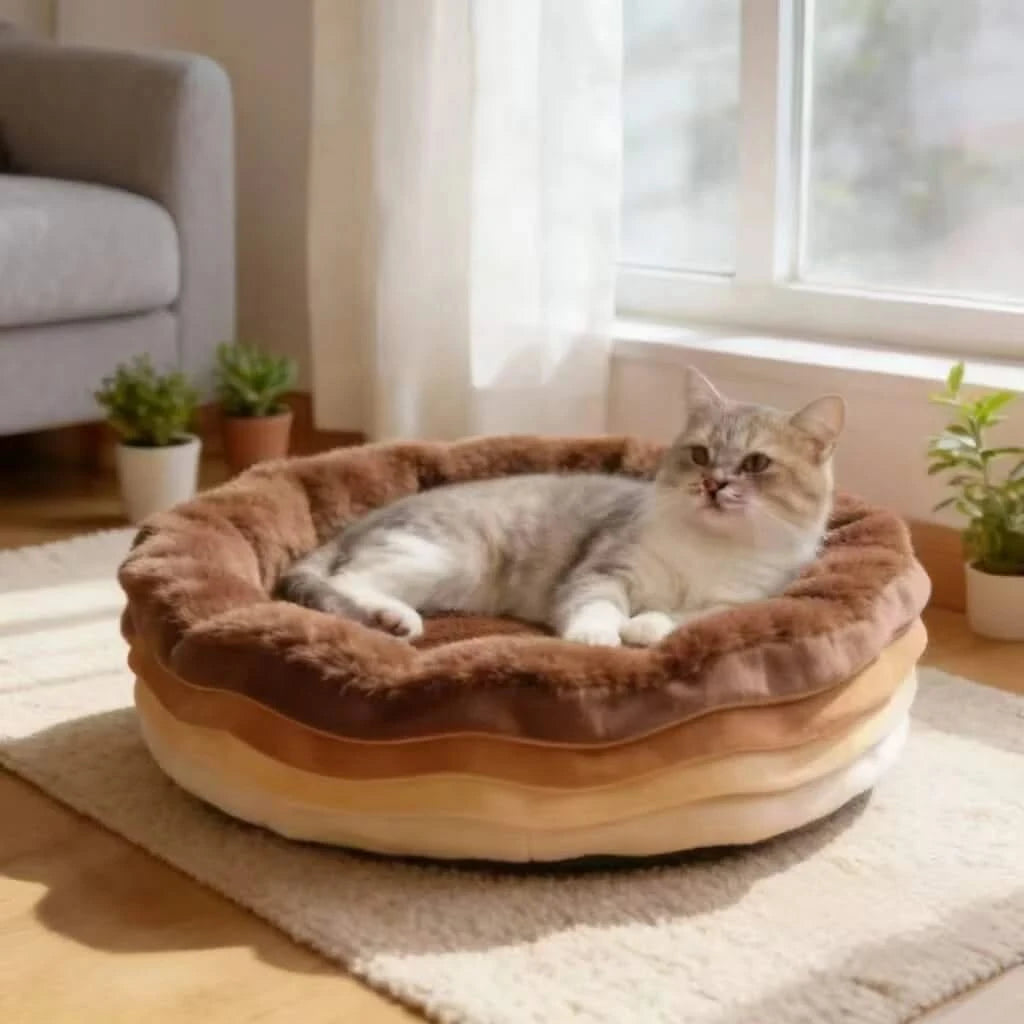 Soft Pet Bed for Dogs, Donut Round Shape, Plush Fabric, Brown/White, Calming Nest