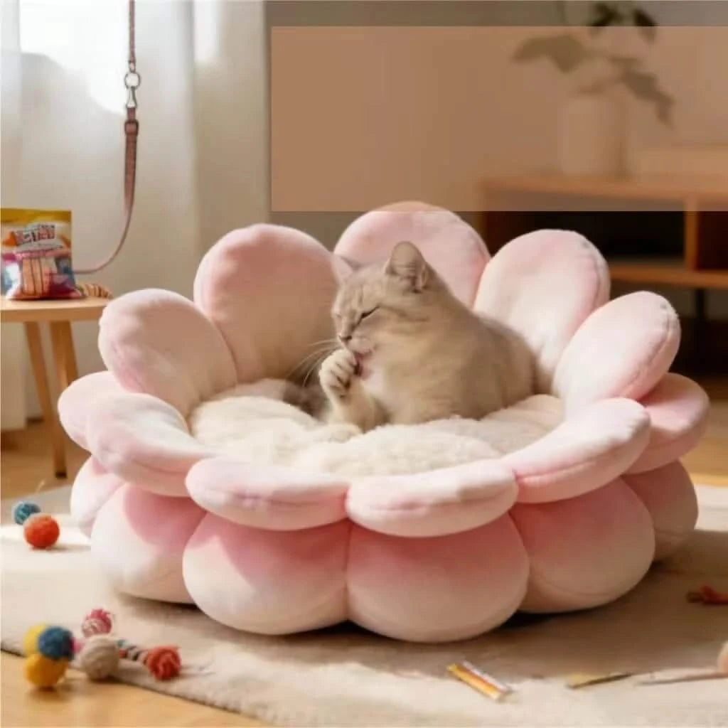 Cat Bed, Flower Blossom Shape, Soft Plush, Pink/White, Petal Edges, All-Season