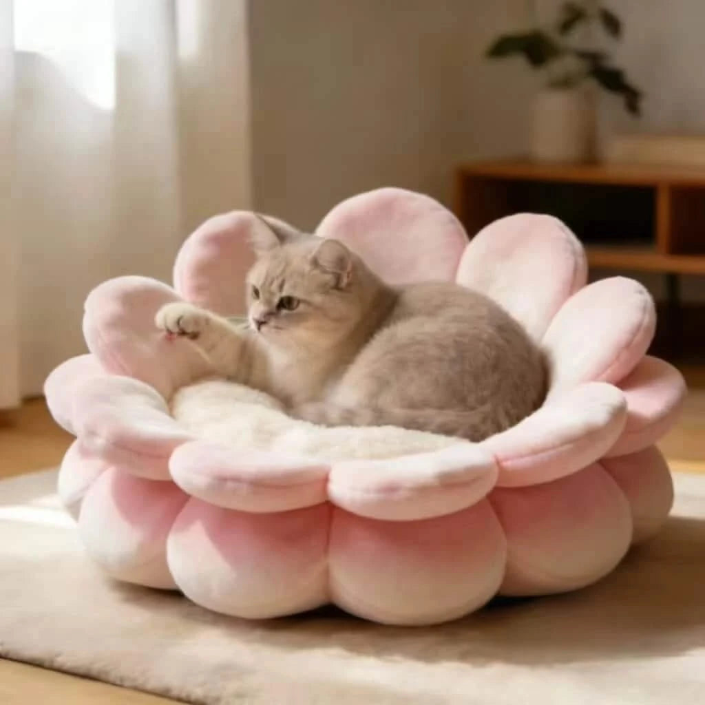 Cat Bed, Flower Blossom Shape, Soft Plush, Pink/White, Petal Edges, All-Season